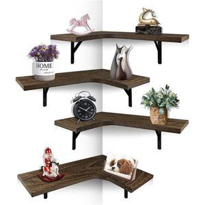 Wooden Wall Mounted Shelf, Rustic Corner Storage Shelves Set of 4, Brown